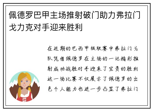佩德罗巴甲主场推射破门助力弗拉门戈力克对手迎来胜利