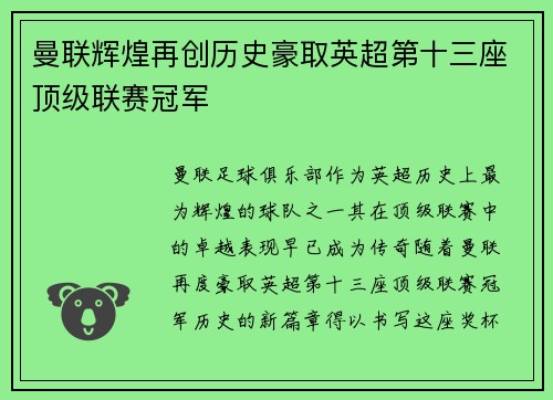 曼联辉煌再创历史豪取英超第十三座顶级联赛冠军